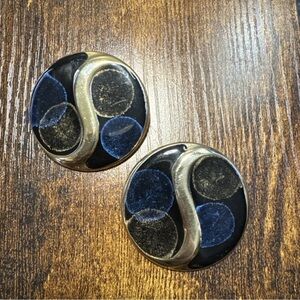Vintage Blue Black Gold Time Round Circle Earrings